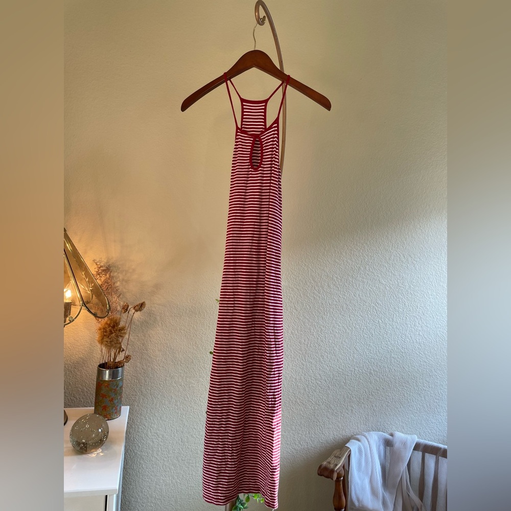 Red striped strappy dress.